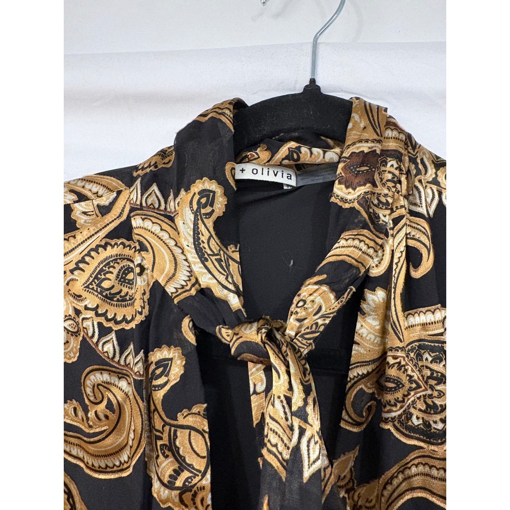 Alice + Olivia Silk Mini Dress Small Black Gold Paisley Tie Neck Goth Glamour - Picture 2 of 13